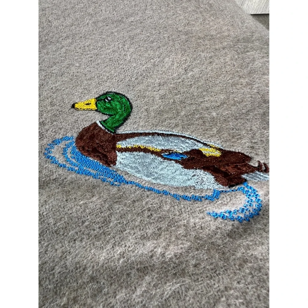 Faribo Pure Wool Throw Blanket Tan Embroidered Mallard Duck Fringe Made in USA